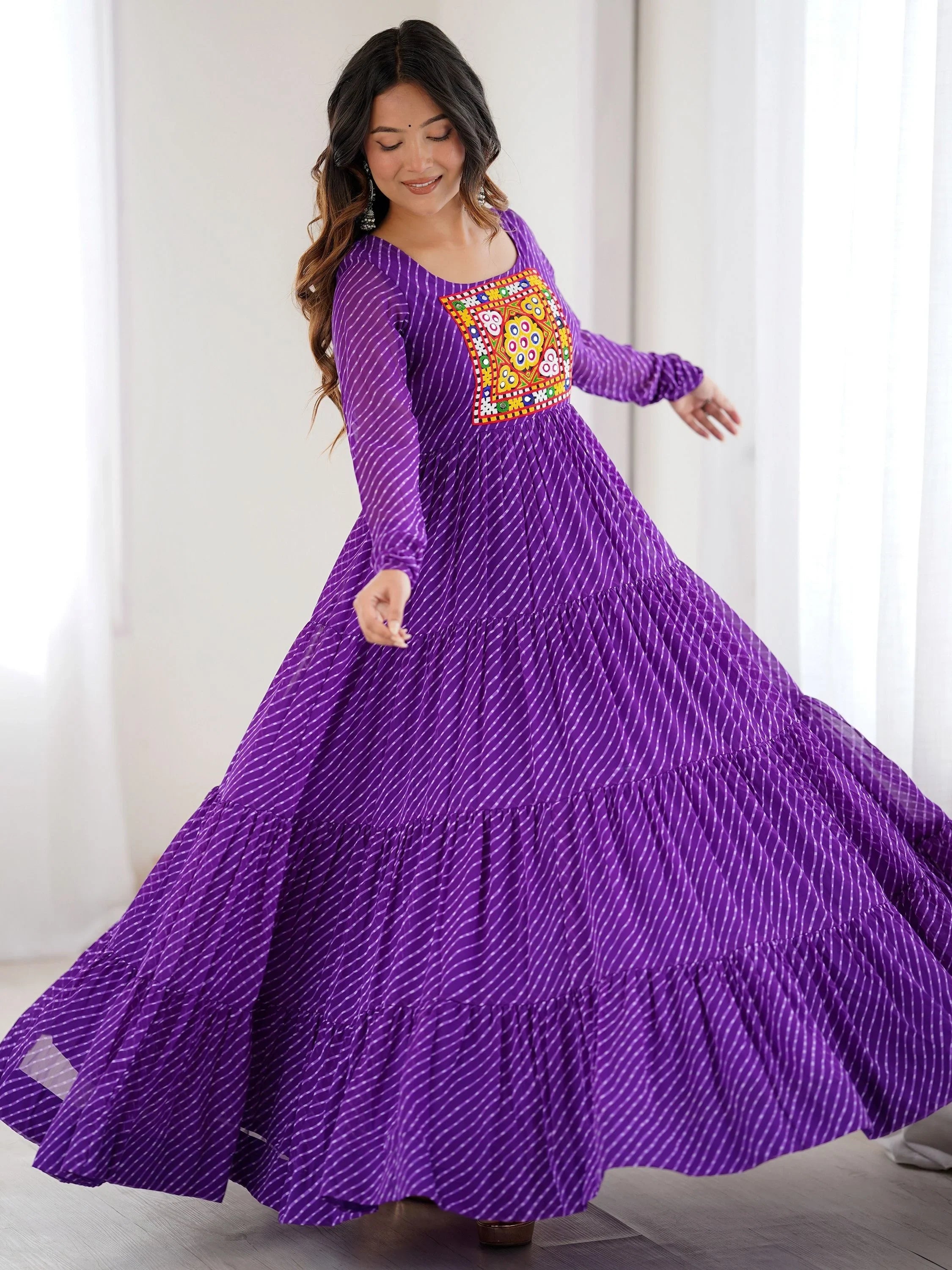 Purple Laheriya Printed Georgette Navratri Wear Gown for Women