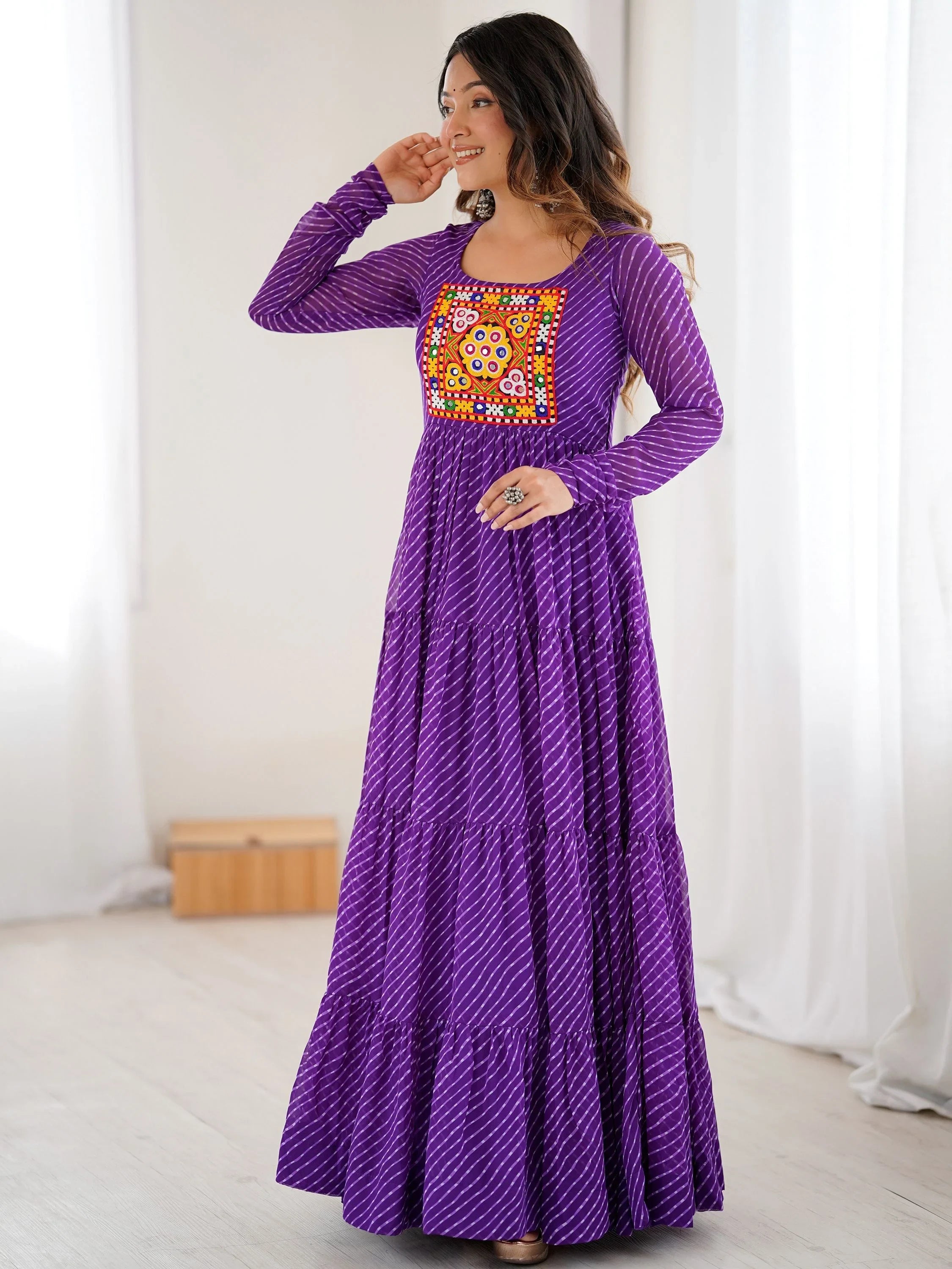 Purple Laheriya Printed Georgette Navratri Wear Gown for Women