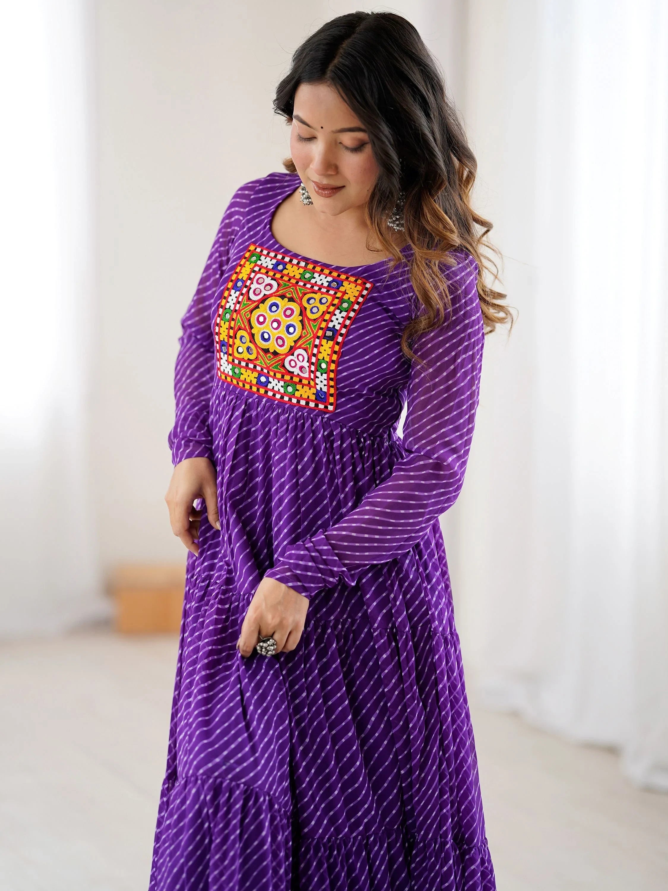Purple Laheriya Printed Georgette Navratri Wear Gown for Women
