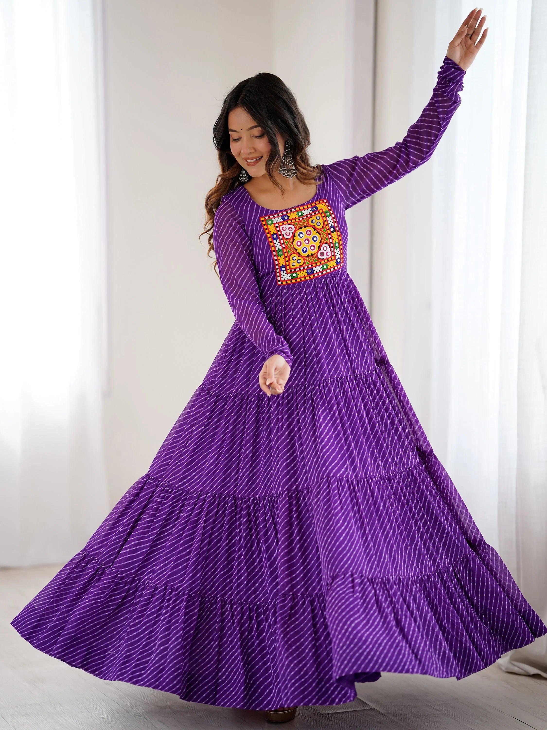 Purple Laheriya Printed Georgette Navratri Wear Gown for Women
