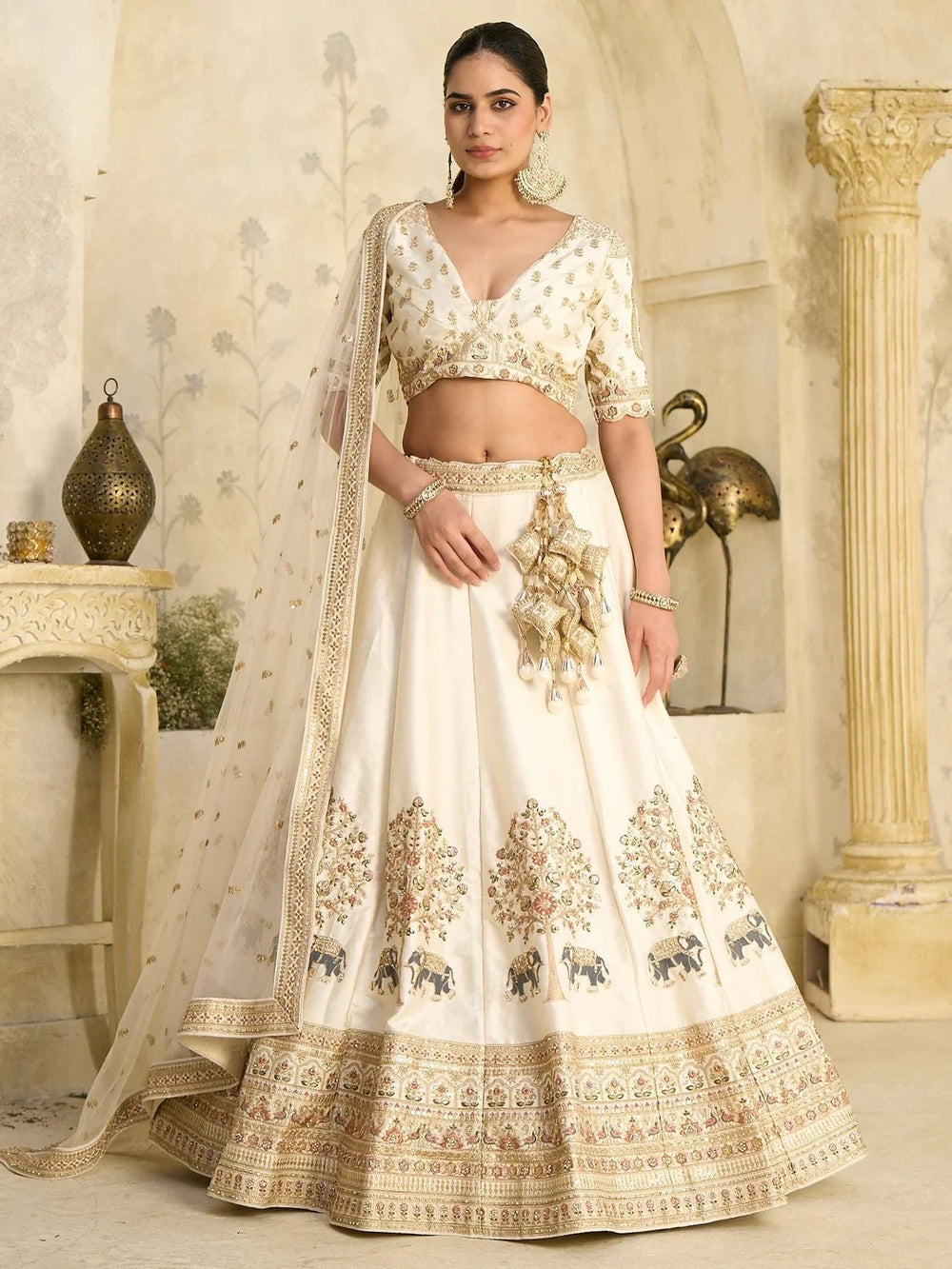 Cream Bewitching Sequins Silk Engagement Wear Lehenga Choli With Dupatta for Women