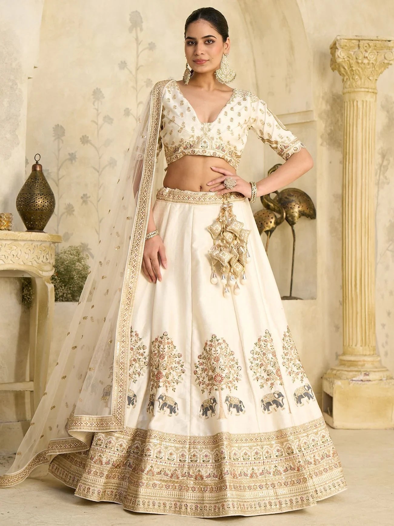 Cream Bewitching Sequins Silk Engagement Wear Lehenga Choli With Dupatta for Women