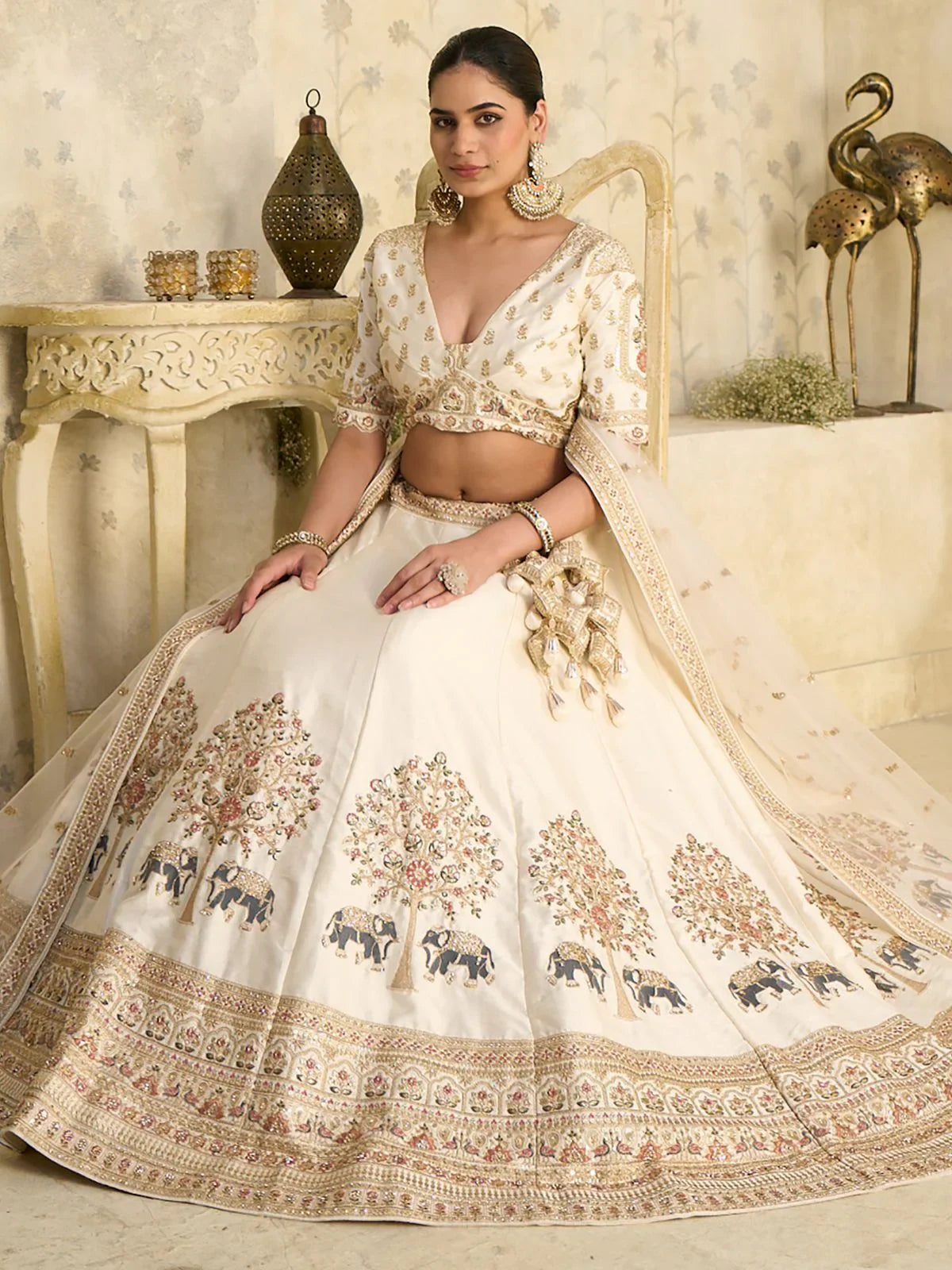 Cream Bewitching Sequins Silk Engagement Wear Lehenga Choli With Dupatta for Women