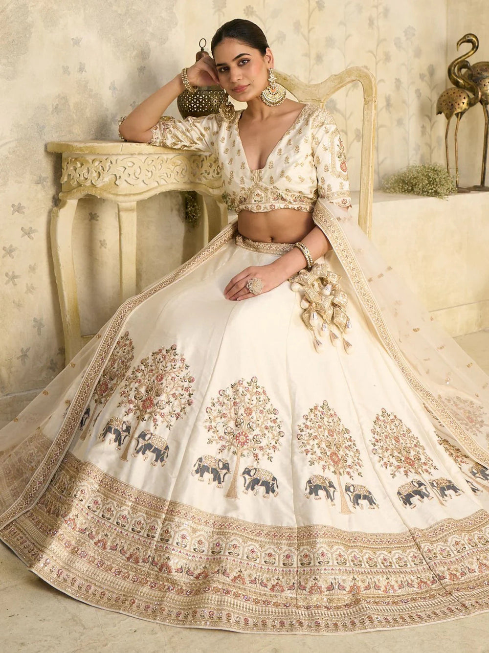 Cream Bewitching Sequins Silk Engagement Wear Lehenga Choli With Dupatta for Women