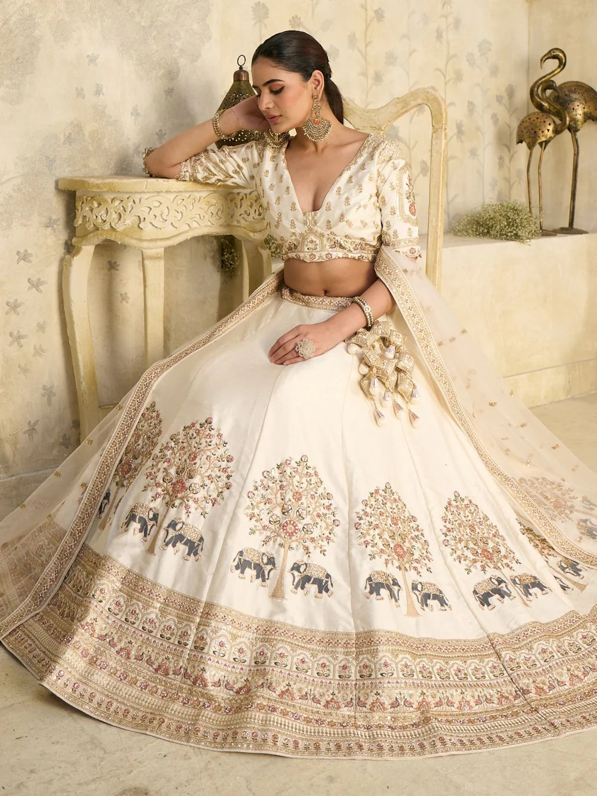 Cream Bewitching Sequins Silk Engagement Wear Lehenga Choli With Dupatta for Women