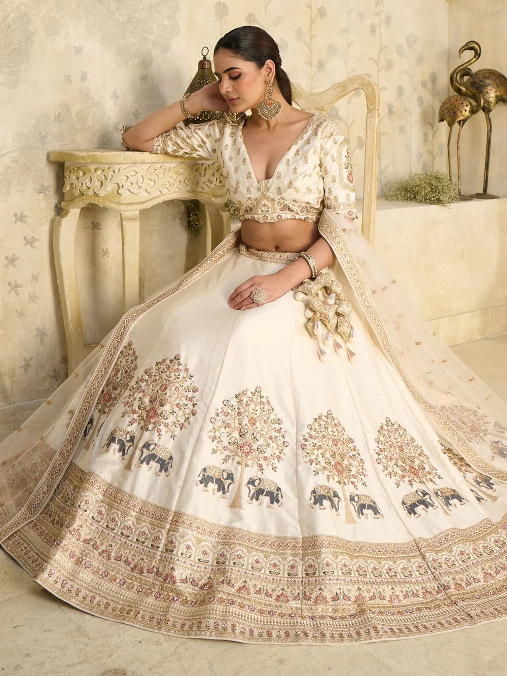 Cream Bewitching Sequins Silk Engagement Wear Lehenga Choli With Dupatta for Women