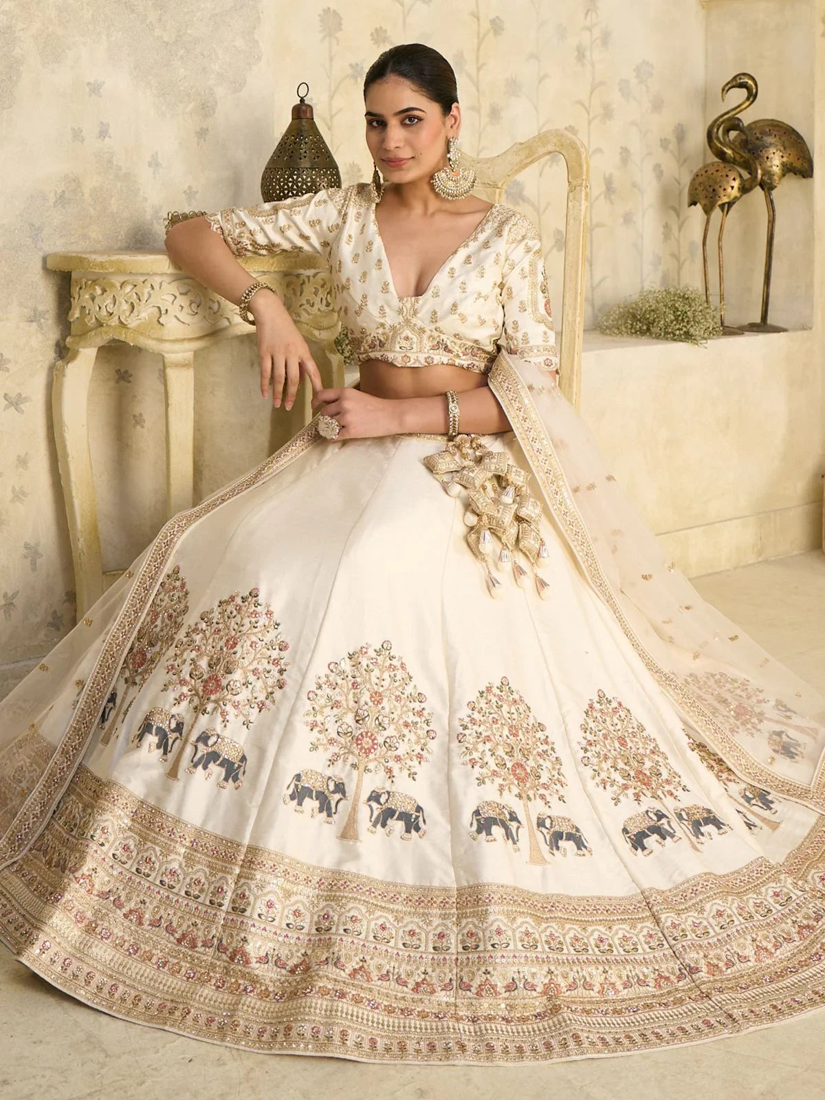 Cream Bewitching Sequins Silk Engagement Wear Lehenga Choli With Dupatta for Women