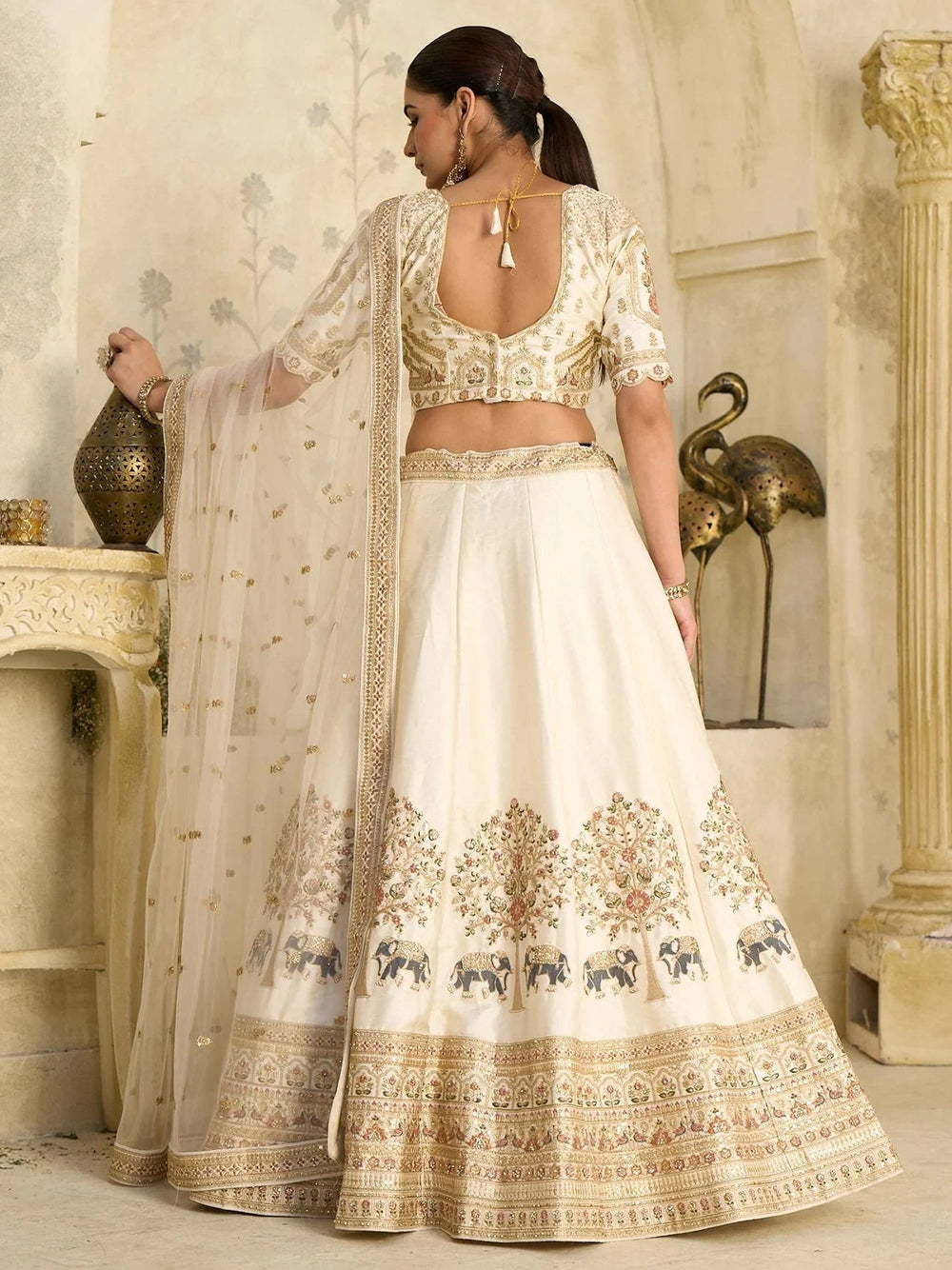 Cream Bewitching Sequins Silk Engagement Wear Lehenga Choli With Dupatta for Women