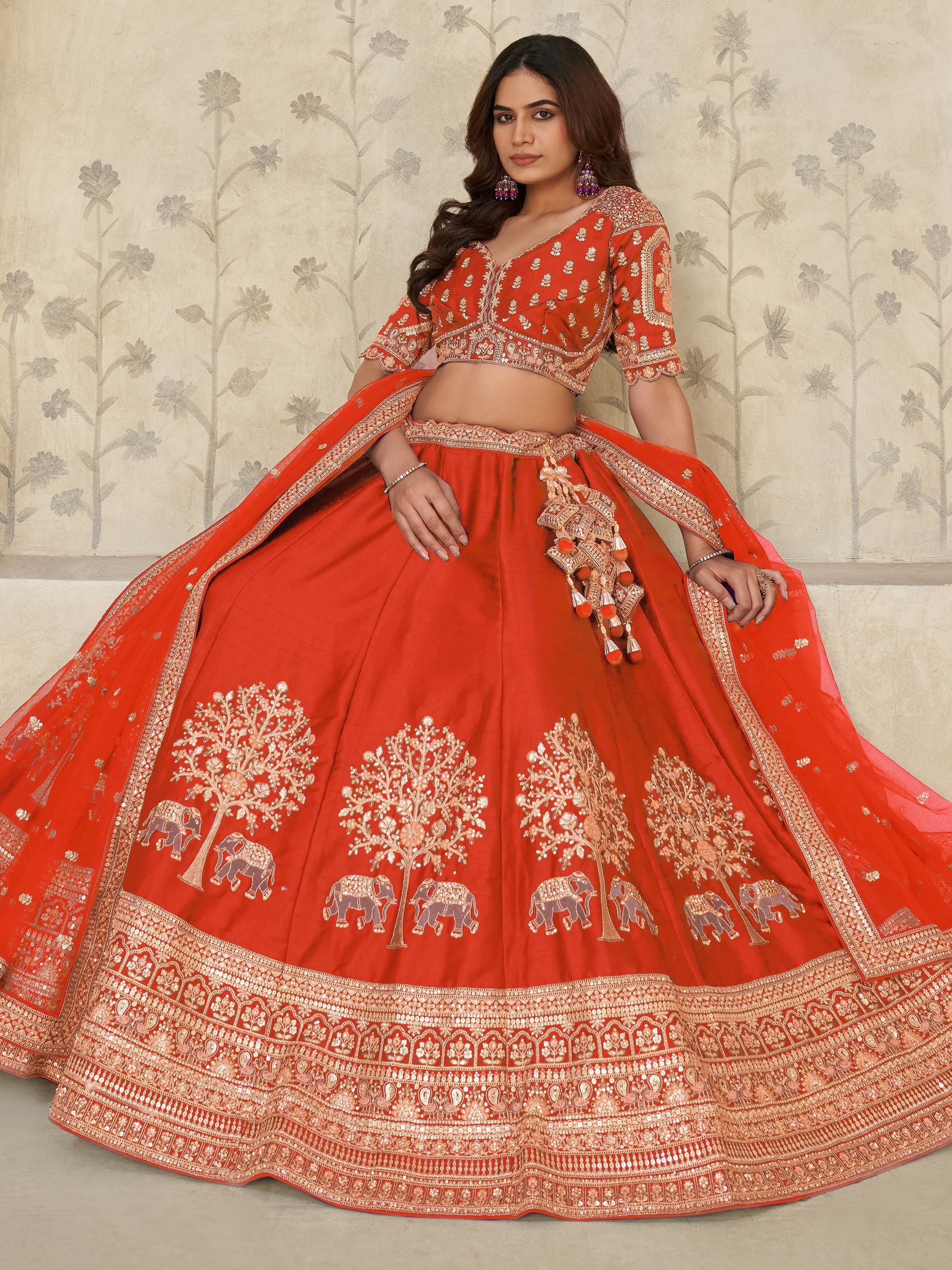 Rust Bewitching Sequins Silk Engagement Wear Lehenga Choli With Dupatta for Women