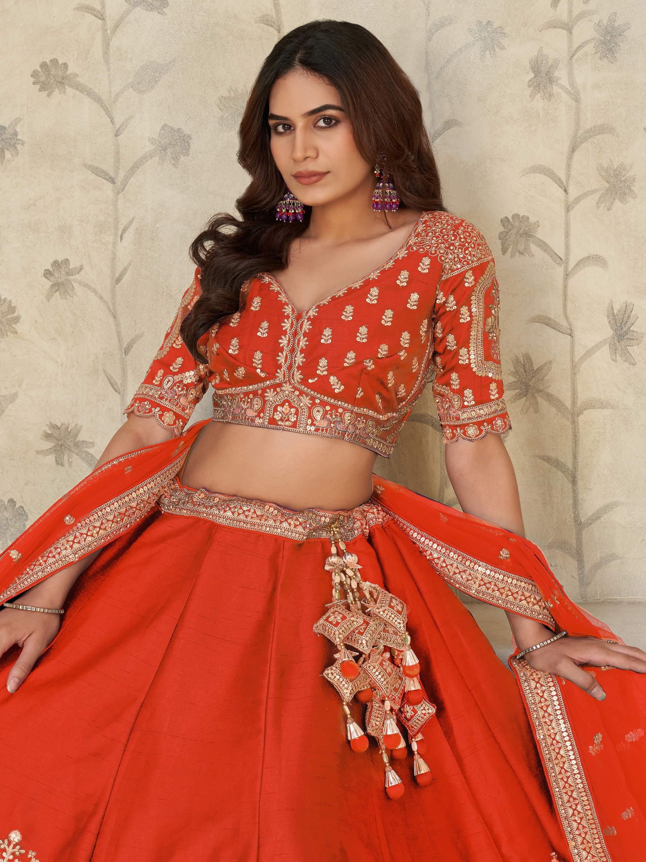 Rust Bewitching Sequins Silk Engagement Wear Lehenga Choli With Dupatta for Women