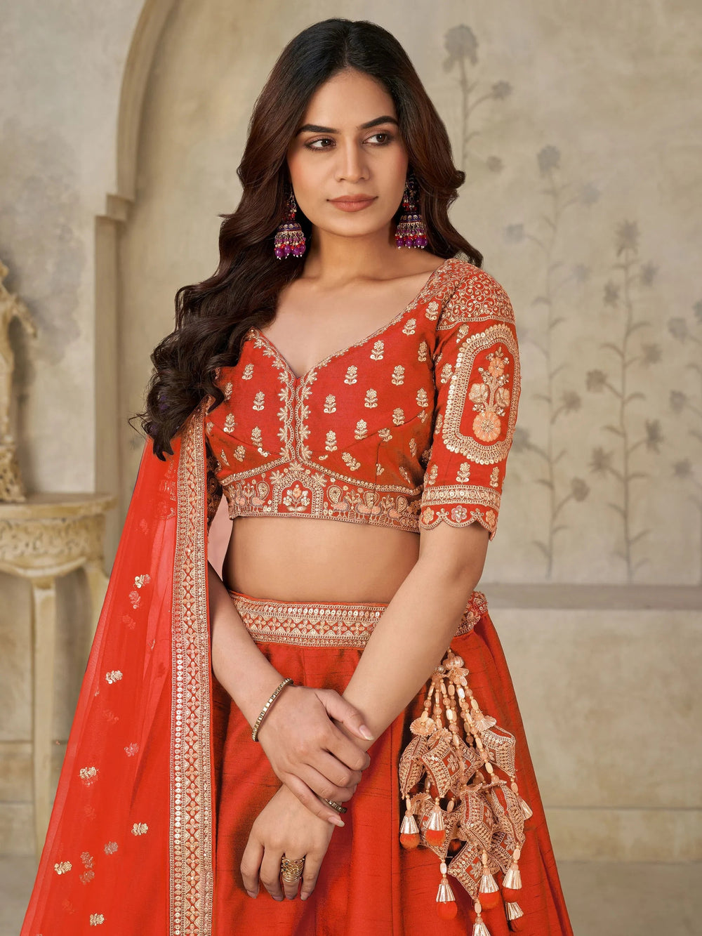 Rust Bewitching Sequins Silk Engagement Wear Lehenga Choli With Dupatta for Women