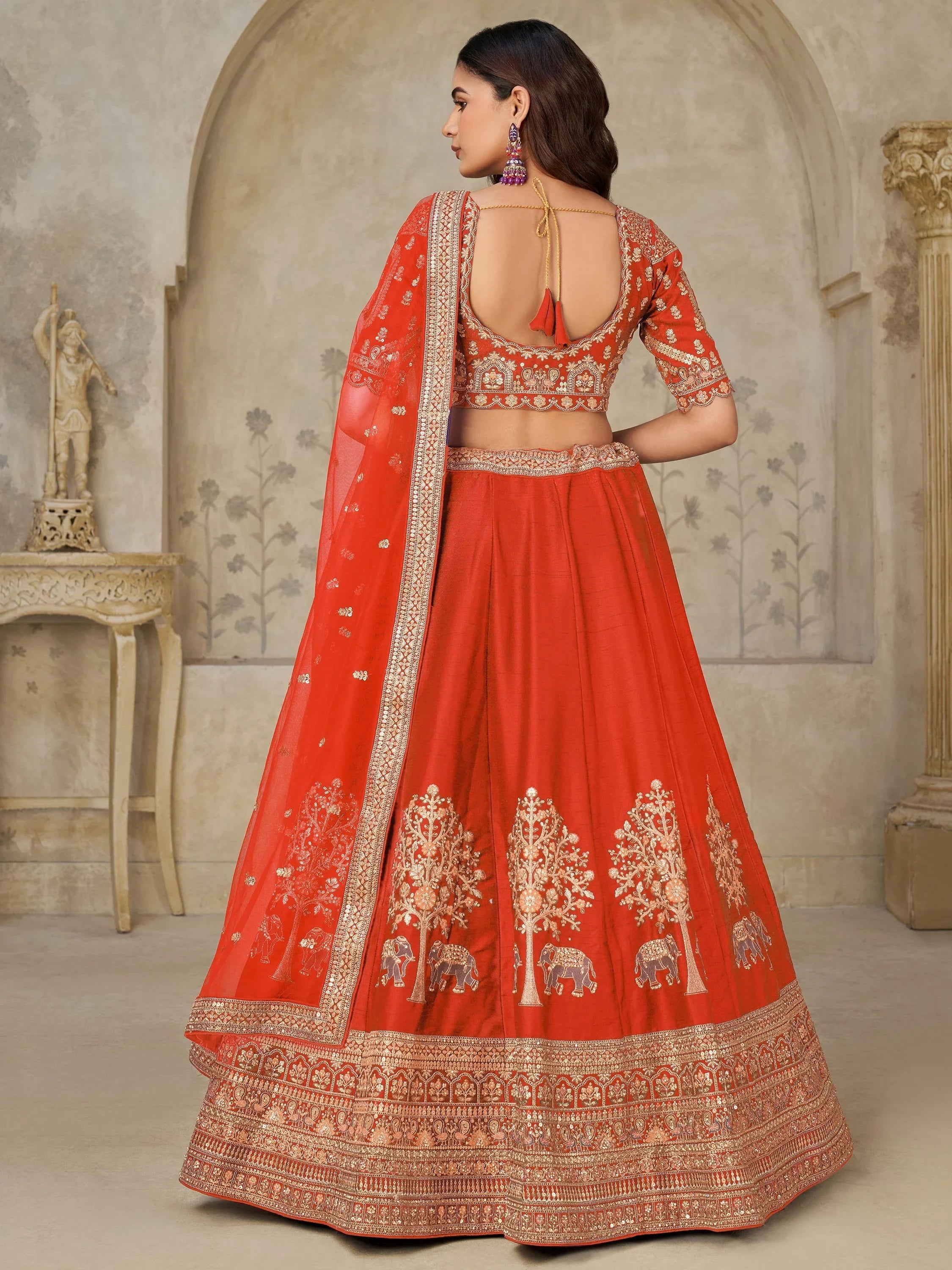 Rust Bewitching Sequins Silk Engagement Wear Lehenga Choli With Dupatta for Women