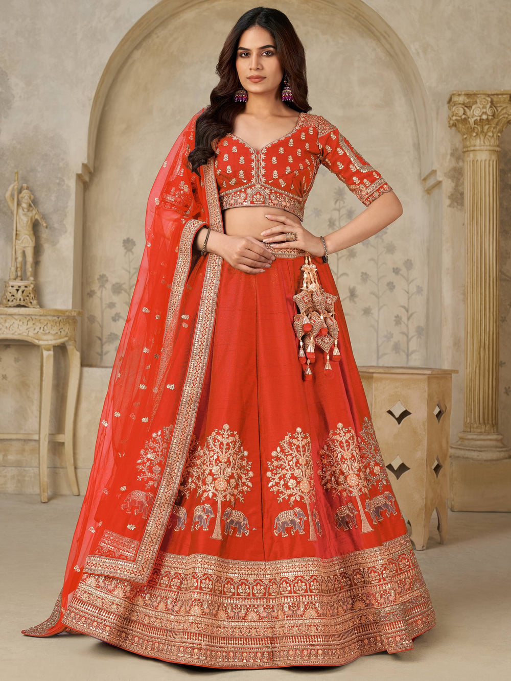 Rust Bewitching Sequins Silk Engagement Wear Lehenga Choli With Dupatta for Women