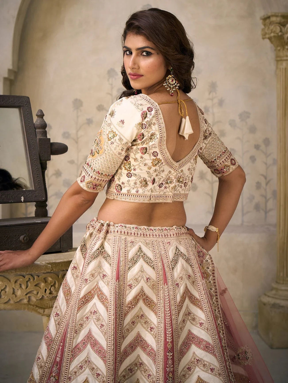 Cream Embroidered Silk Bridesmaid Lehenga Choli With Dupatta for Women