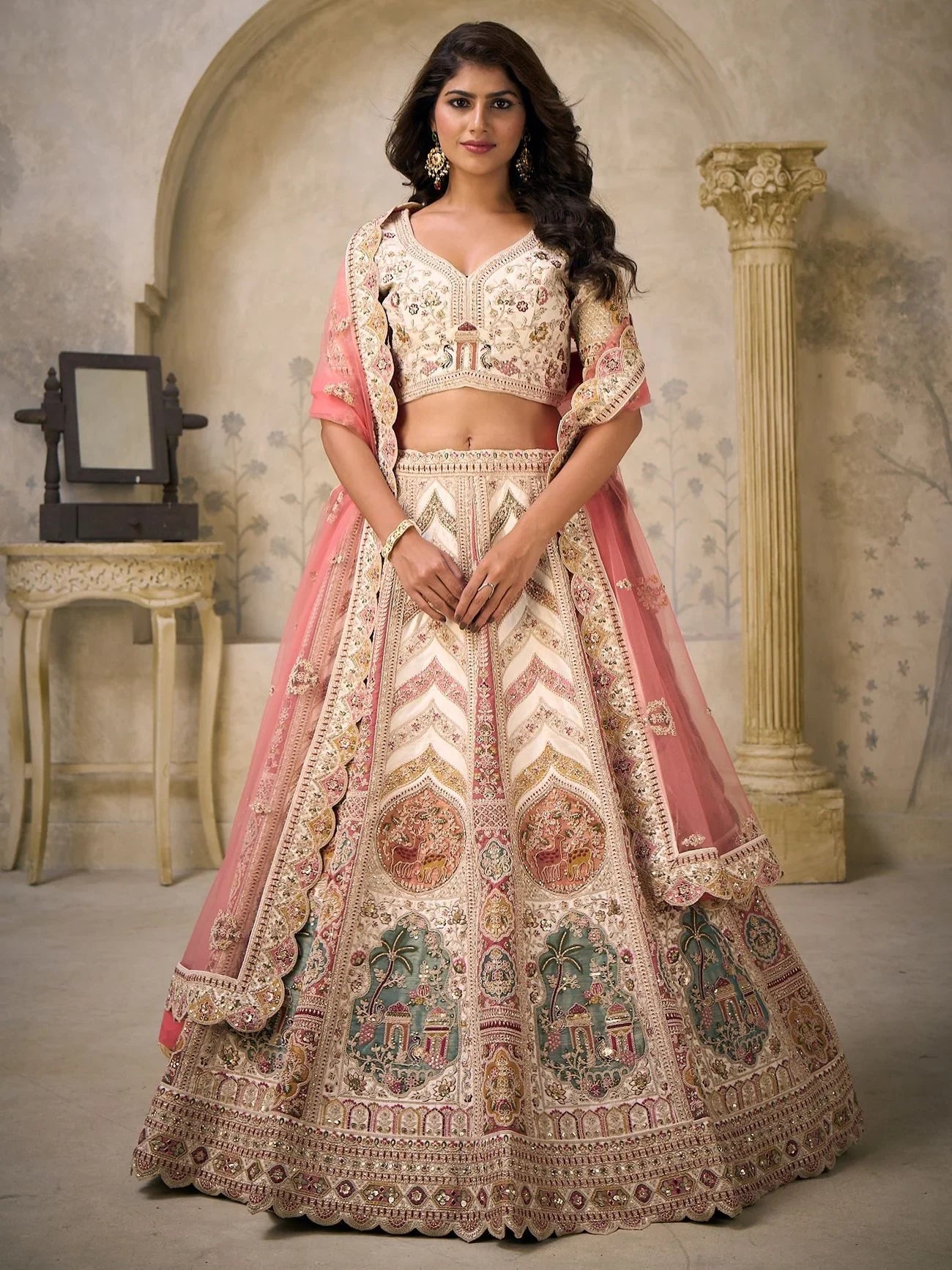 Cream Embroidered Silk Bridesmaid Lehenga Choli With Dupatta for Women