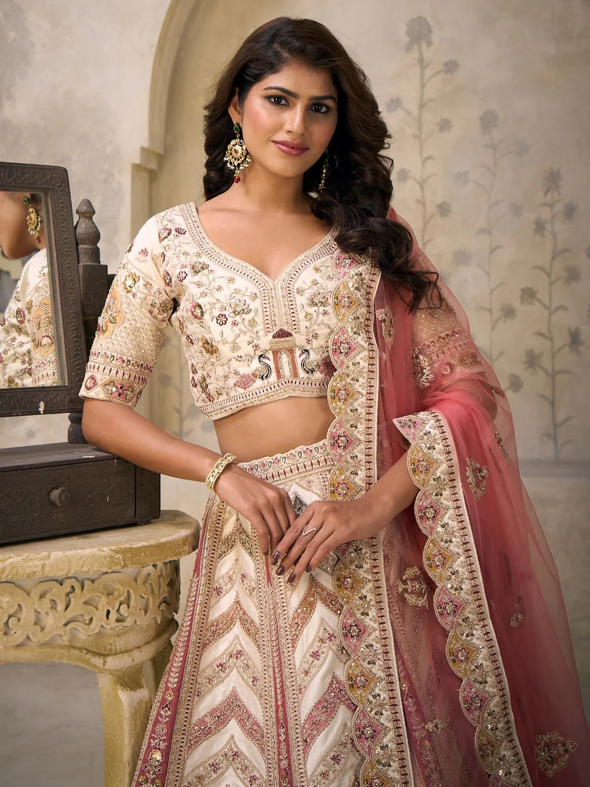 Cream Embroidered Silk Bridesmaid Lehenga Choli With Dupatta for Women