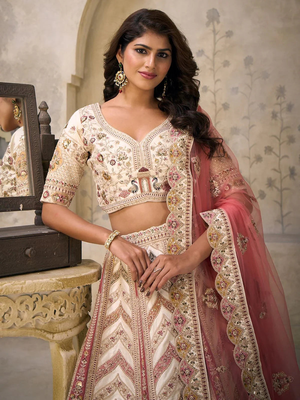Cream Embroidered Silk Bridesmaid Lehenga Choli With Dupatta for Women