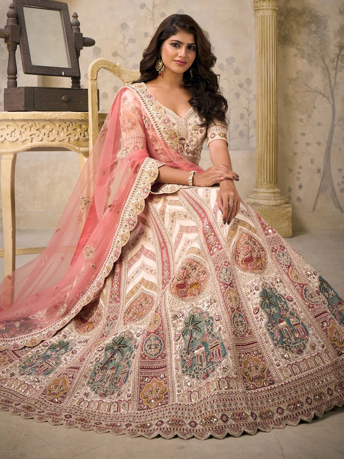 Cream Embroidered Silk Bridesmaid Lehenga Choli With Dupatta for Women
