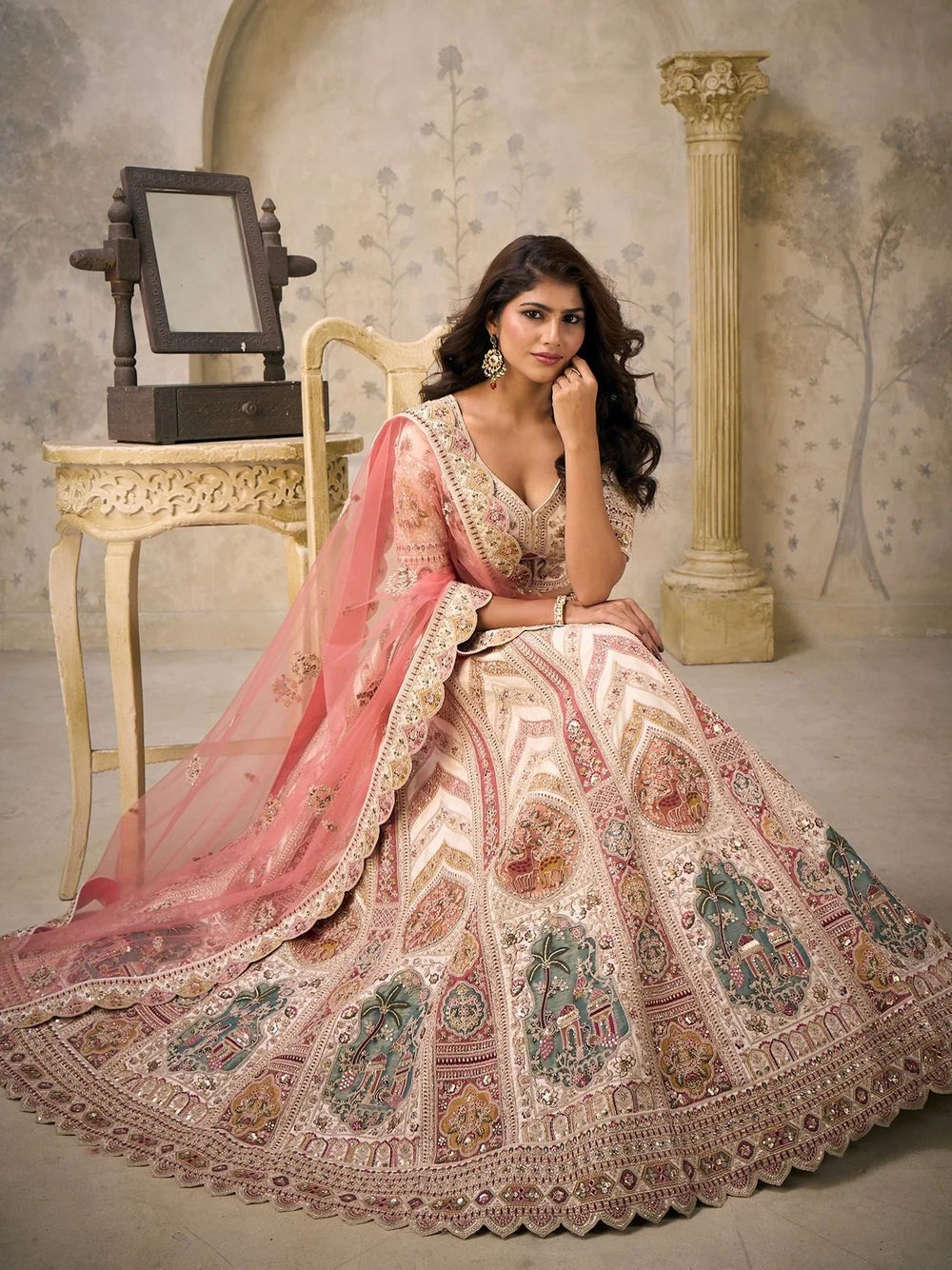 Cream Embroidered Silk Bridesmaid Lehenga Choli With Dupatta for Women