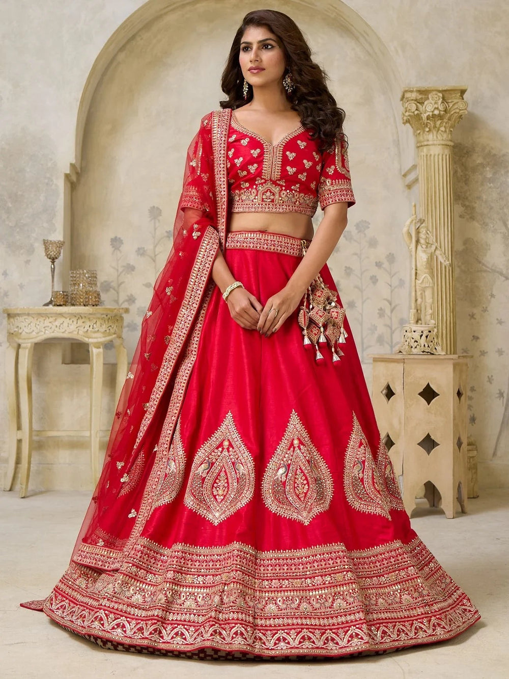 Red Classy Dori Work Silk Wedding Wear Lehenga Choli With Dupatta for Women