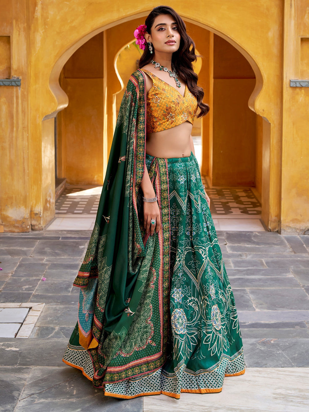 Bottle Green Silk Bead Work Festival Lehenga Choli for Women