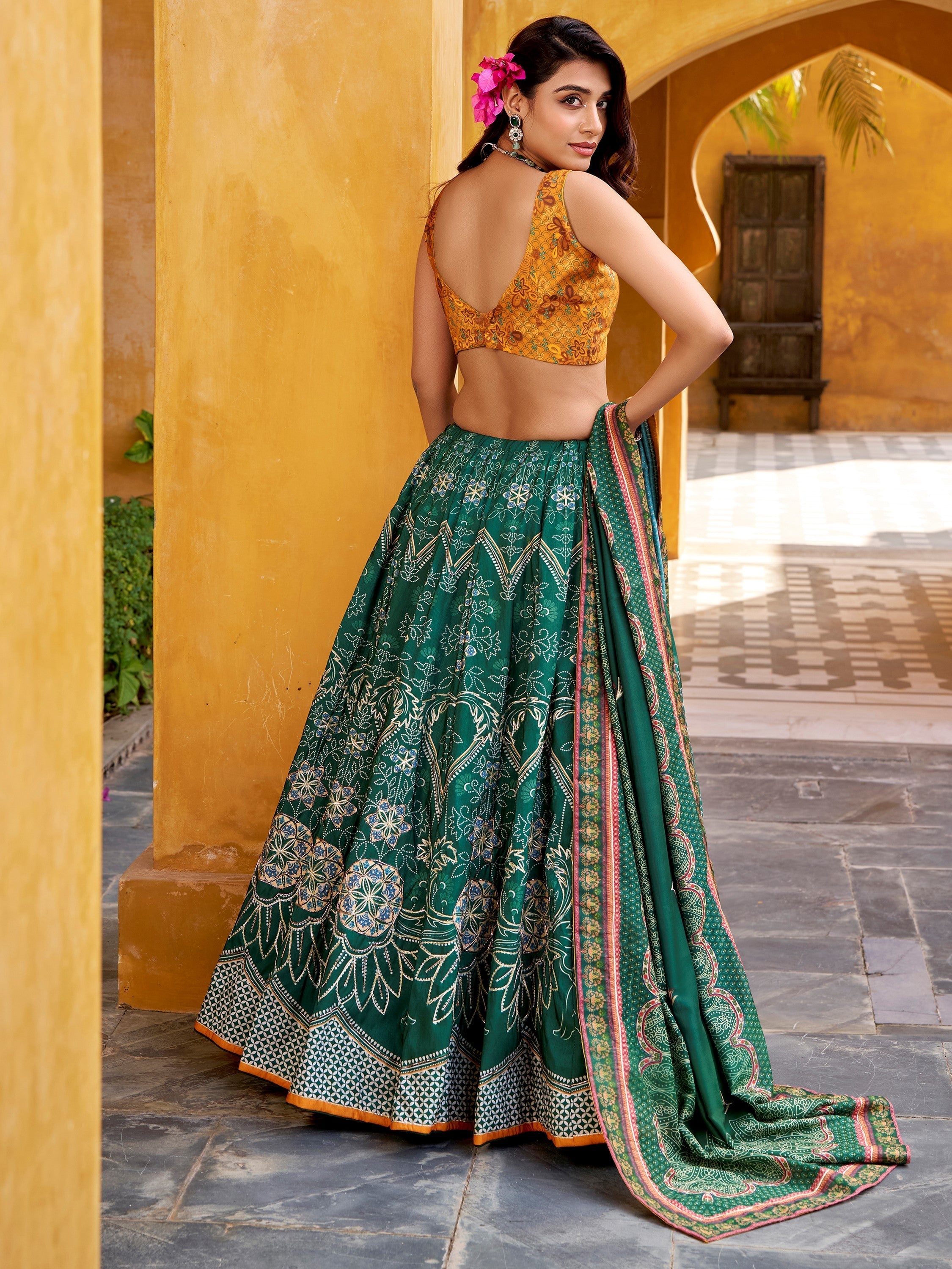 Bottle Green Silk Bead Work Festival Lehenga Choli for Women