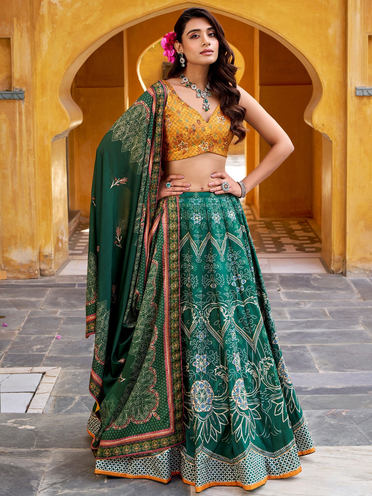 Bottle Green Silk Bead Work Festival Lehenga Choli for Women