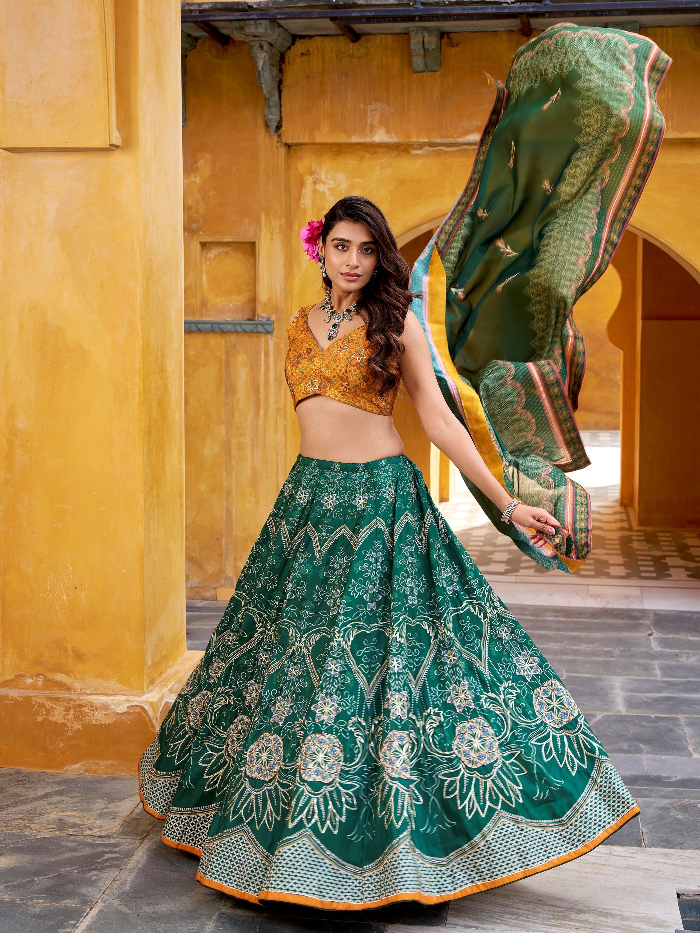Bottle Green Silk Bead Work Festival Lehenga Choli for Women