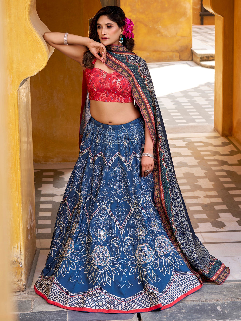 Blue Silk Digital Printed Lehenga Choli With Dupatta