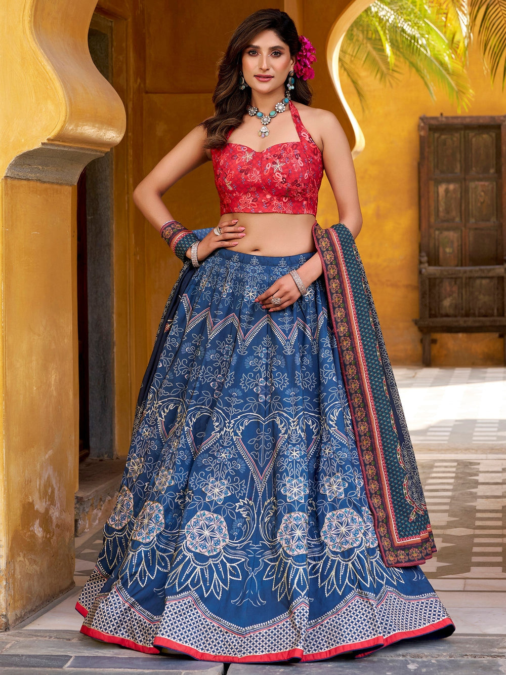 Blue Silk Digital Printed Lehenga Choli With Dupatta