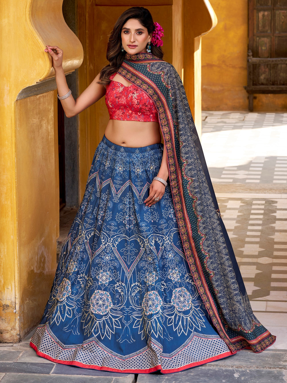 Blue Silk Digital Printed Lehenga Choli With Dupatta
