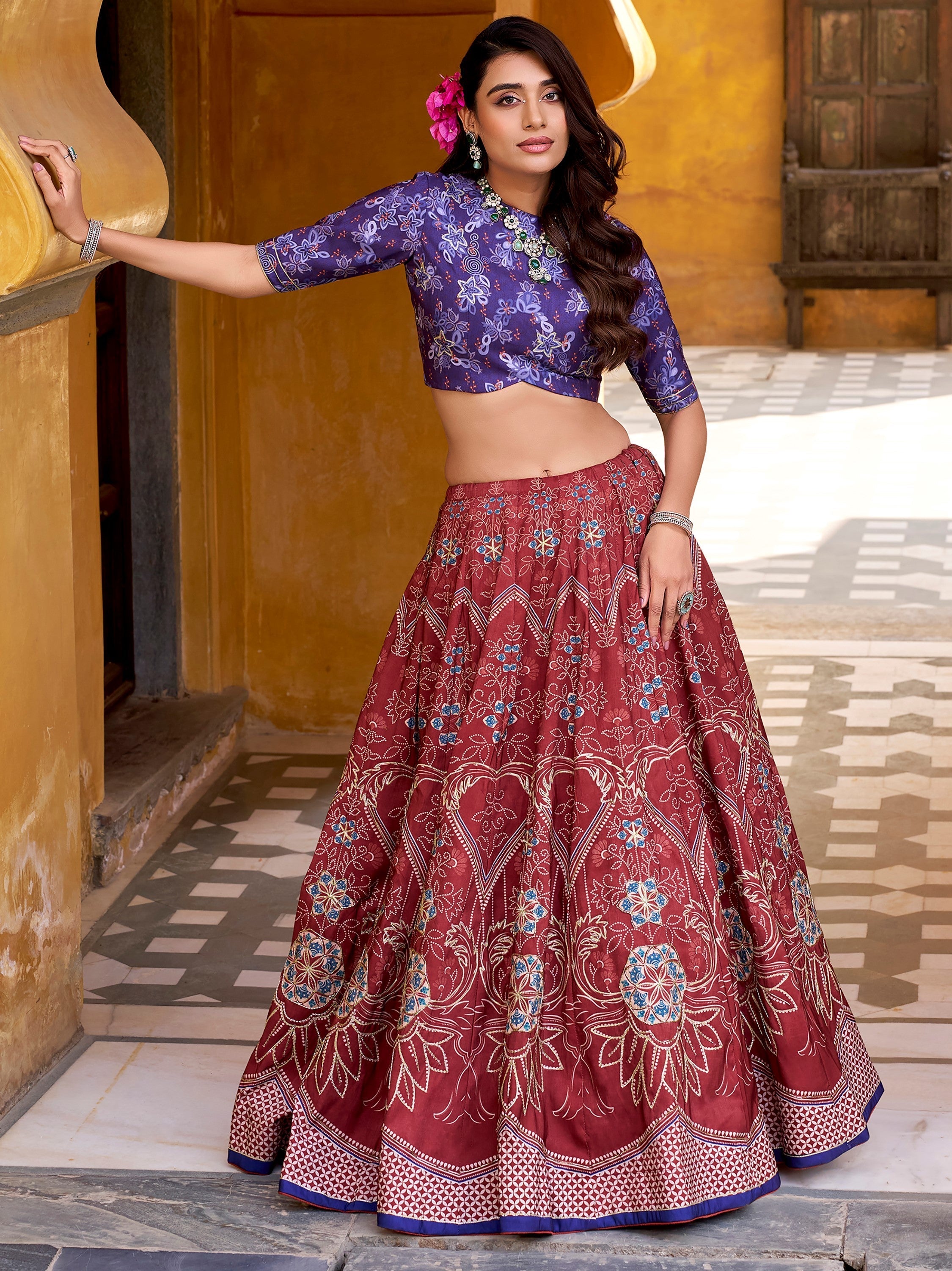Maroon Silk Digital Printed Traditional Lehenga Choli for Women