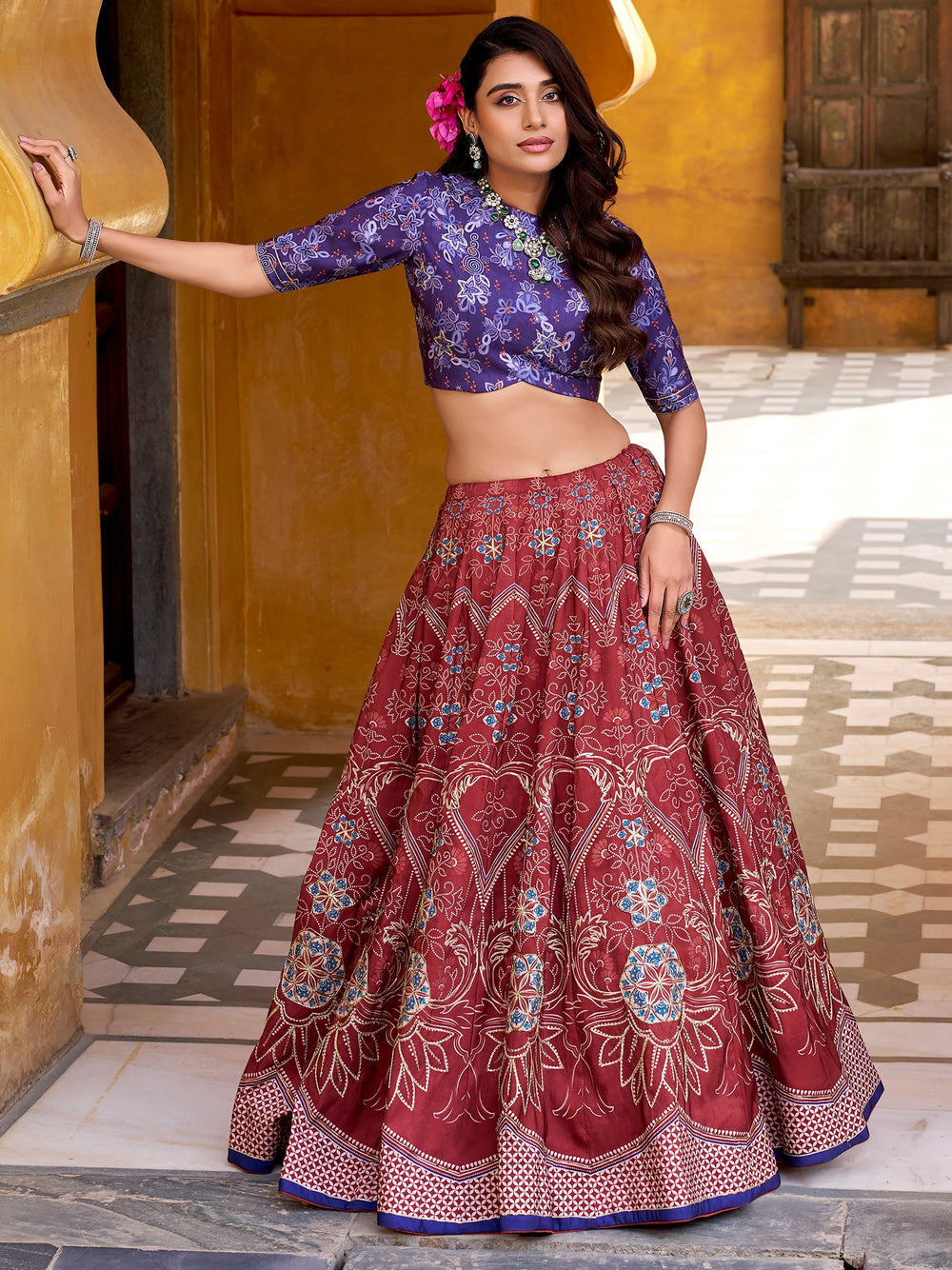 Maroon Silk Digital Printed Traditional Lehenga Choli for Women