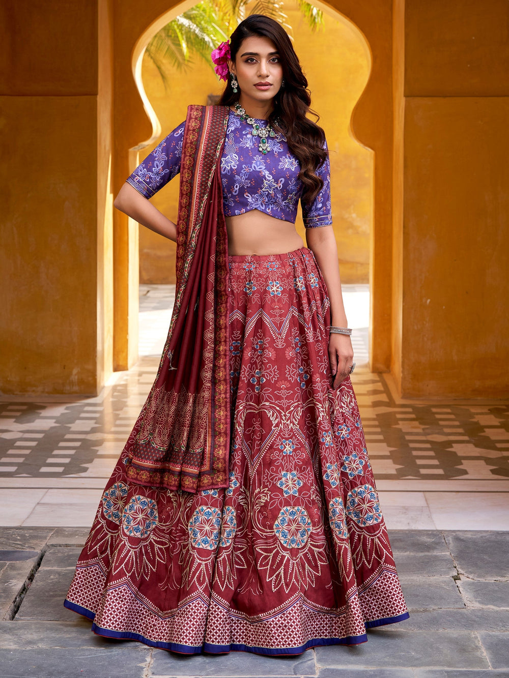 Maroon Silk Digital Printed Traditional Lehenga Choli for Women