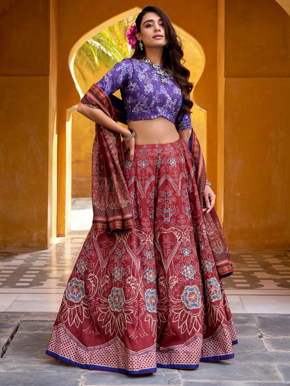 Maroon Silk Digital Printed Traditional Lehenga Choli for Women
