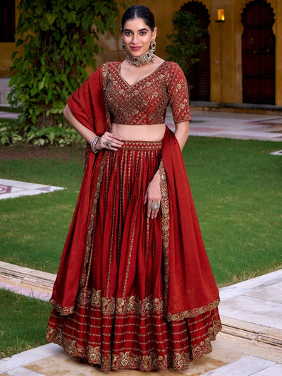Red Silk Sequins Wedding Lehenga Choli With Dupatta