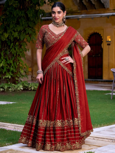 Red Silk Sequins Wedding Lehenga Choli With Dupatta