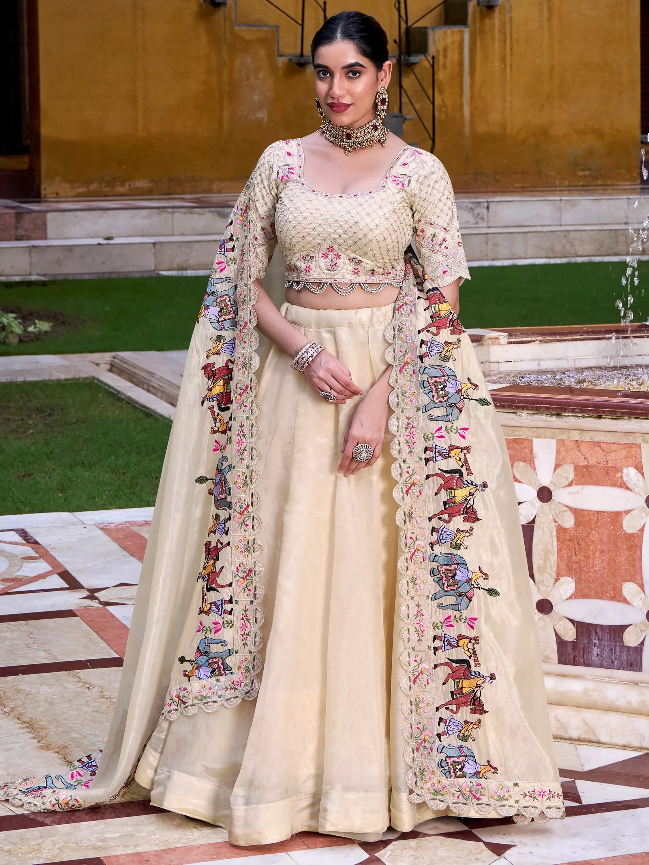 Off-White Silk Sequins Choli Wedding Lehenga