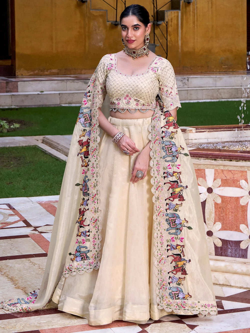 Off-White Silk Sequins Choli Wedding Lehenga