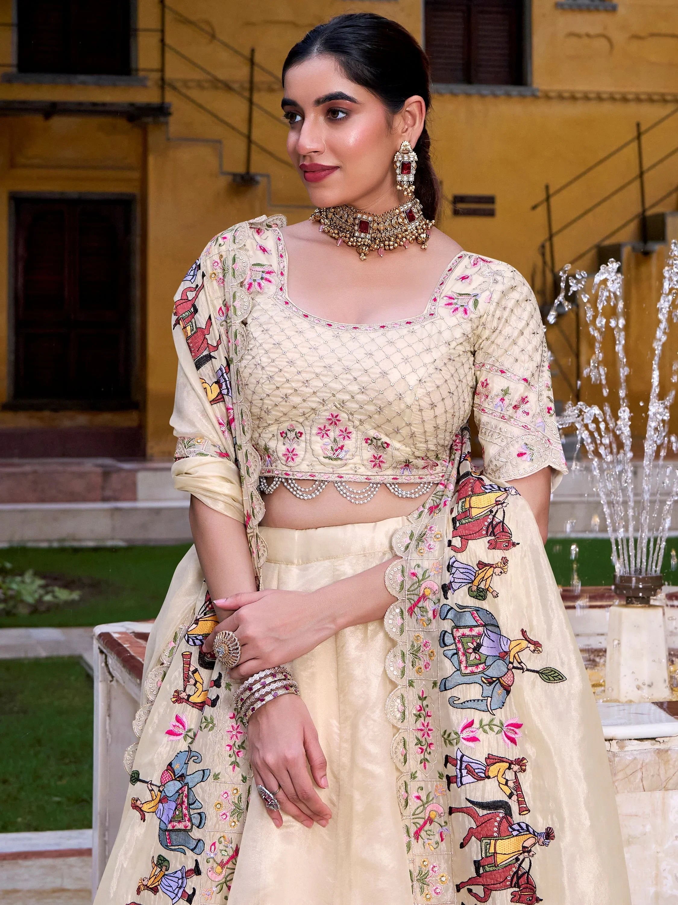 Off-White Silk Sequins Choli Wedding Lehenga