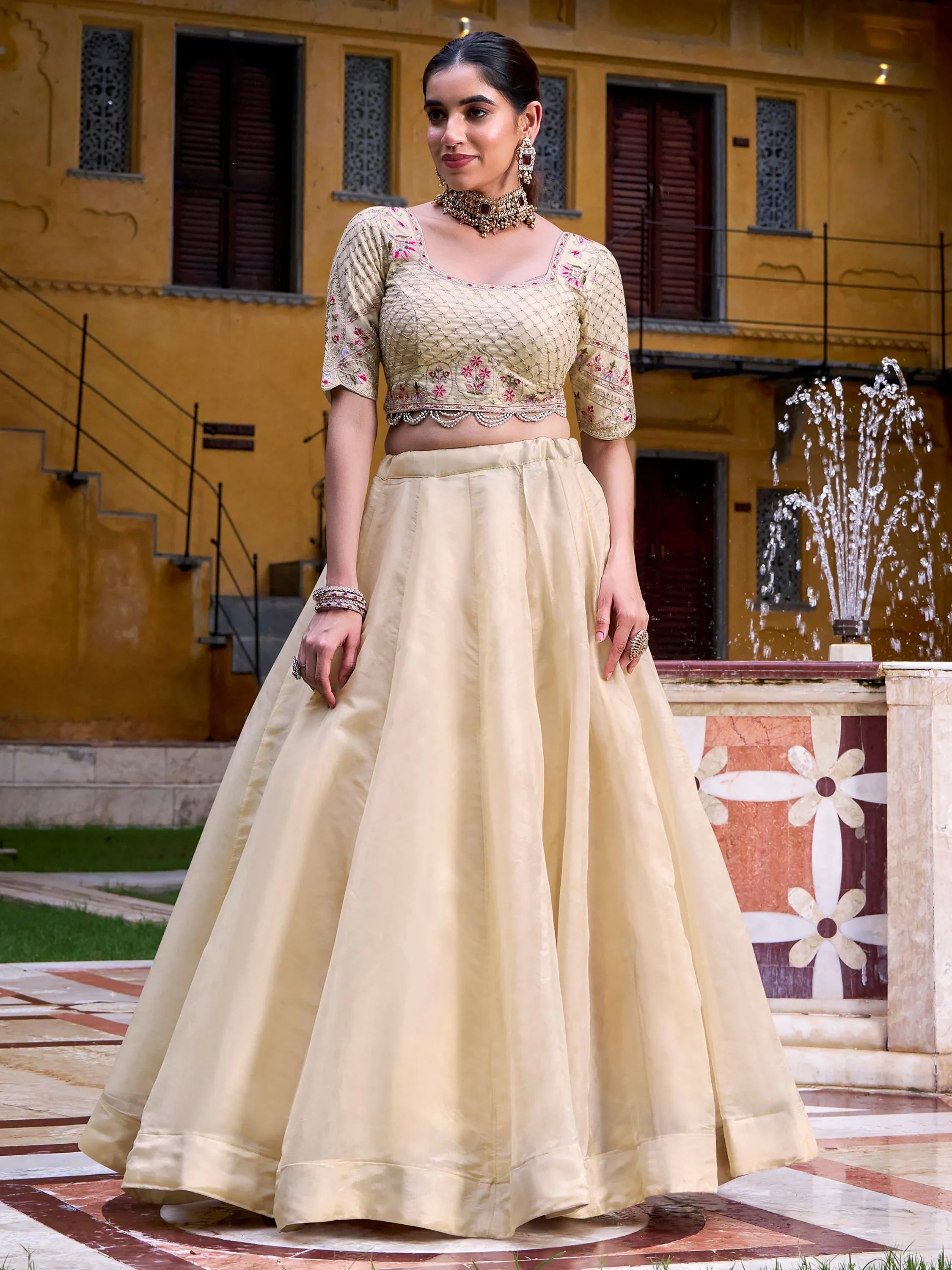 Off-White Silk Sequins Choli Wedding Lehenga