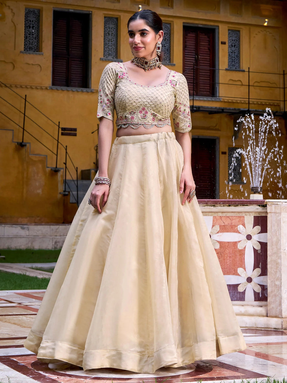 Off-White Silk Sequins Choli Wedding Lehenga