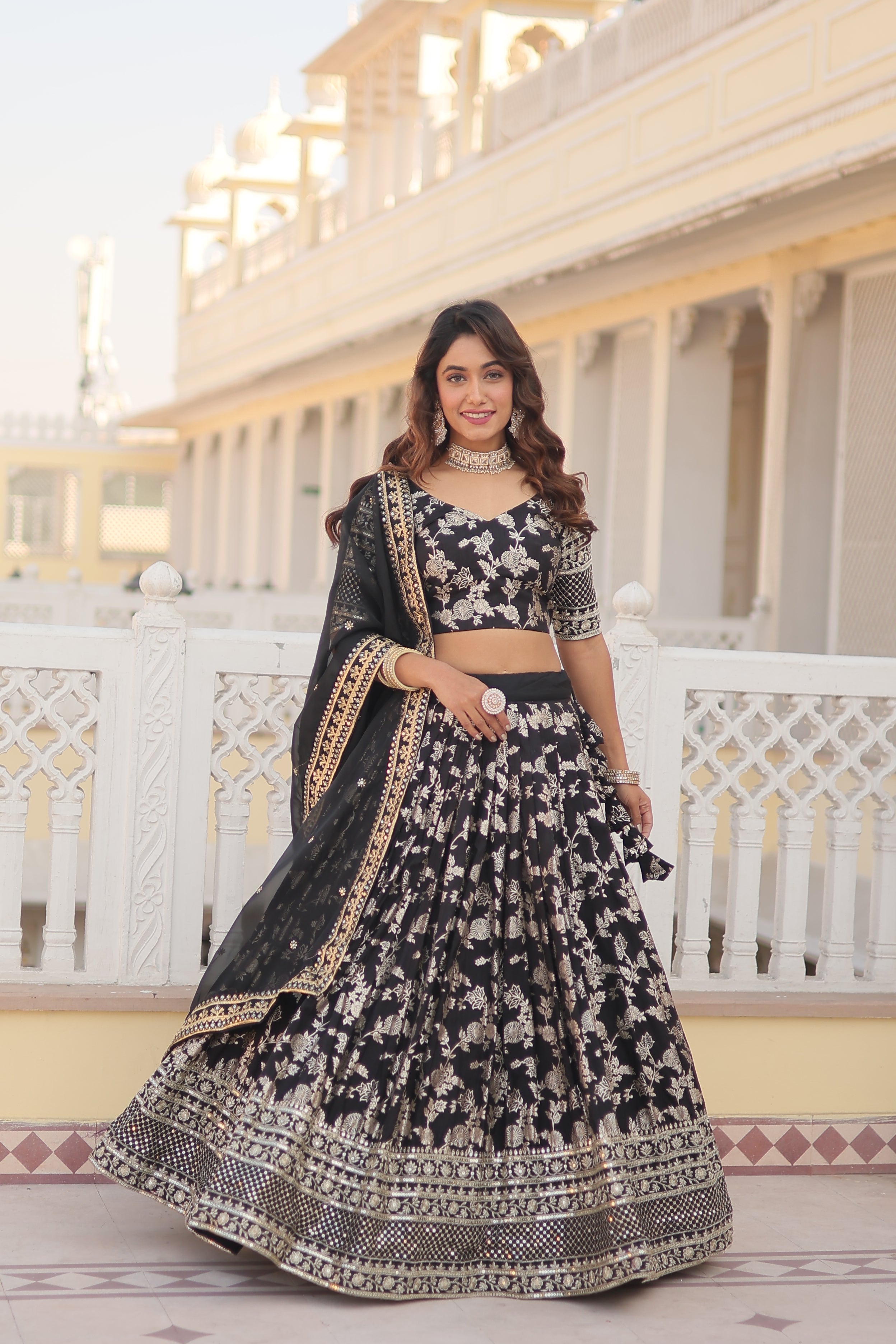 Jacquard embroidered sangeet lehenga choli with sequins and thread work for women