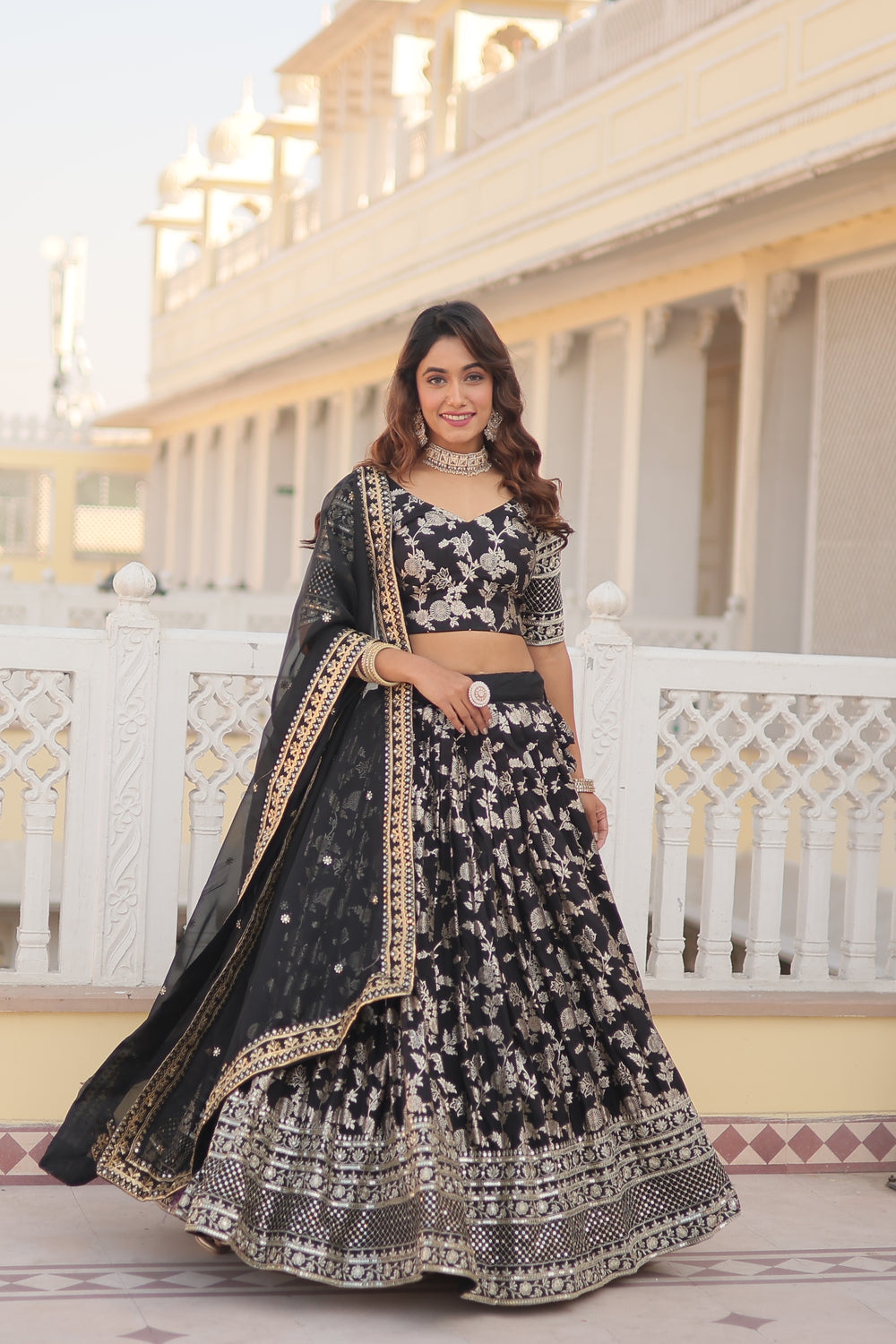 Jacquard embroidered sangeet lehenga choli with sequins and thread work for women
