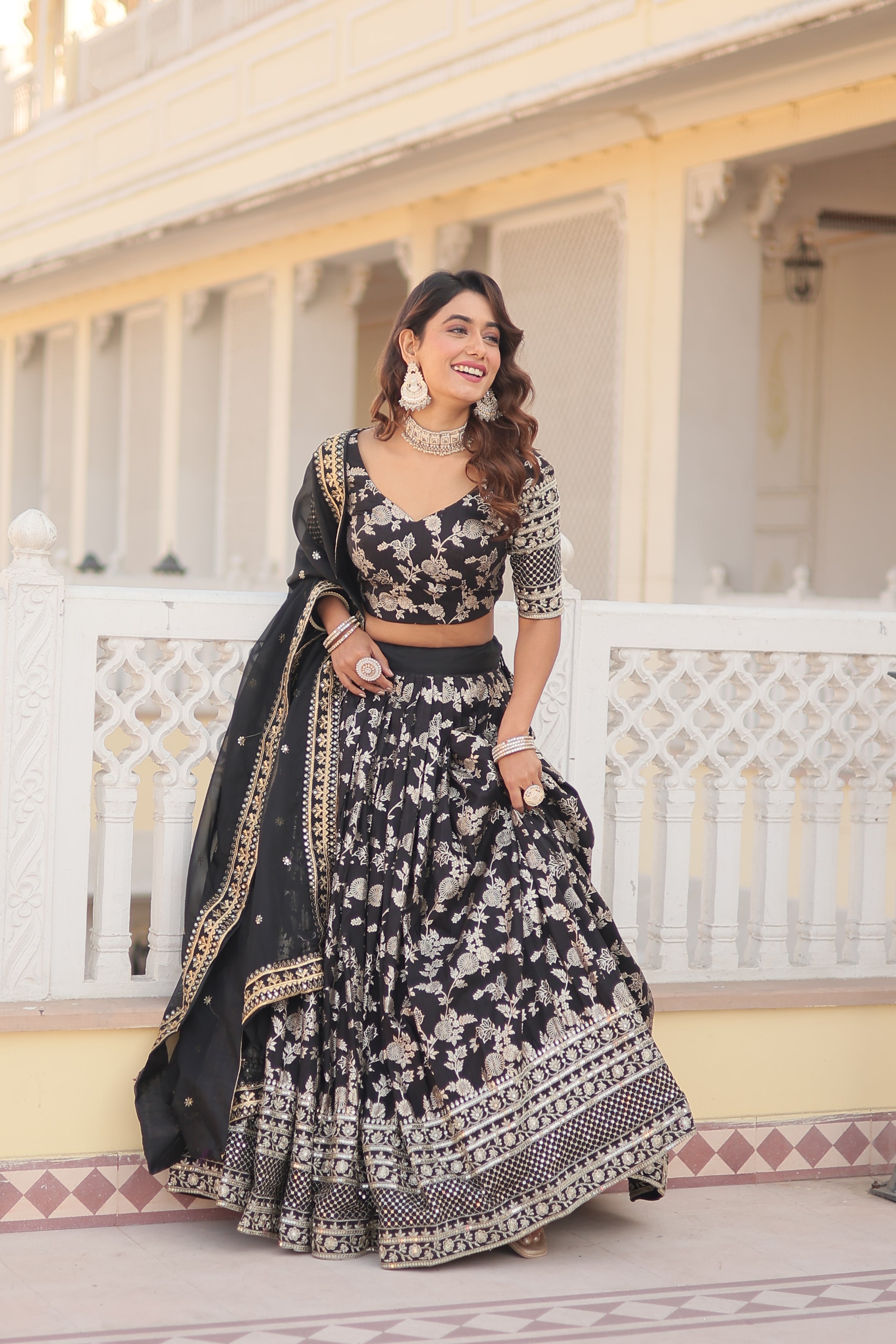 Jacquard embroidered sangeet lehenga choli with sequins and thread work for women