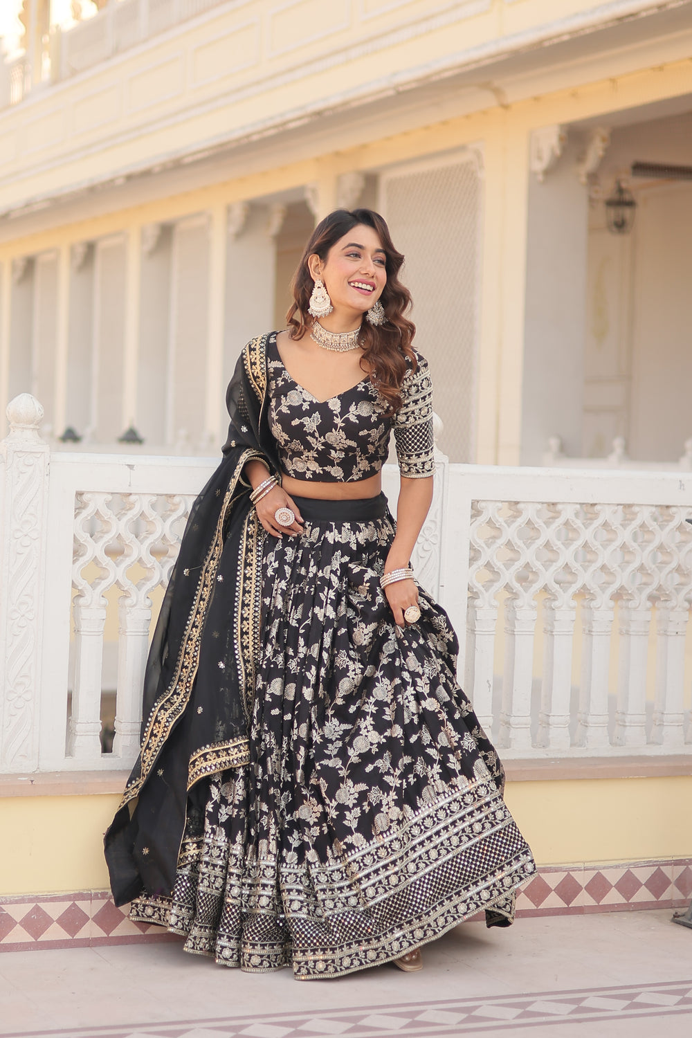 Jacquard embroidered sangeet lehenga choli with sequins and thread work for women