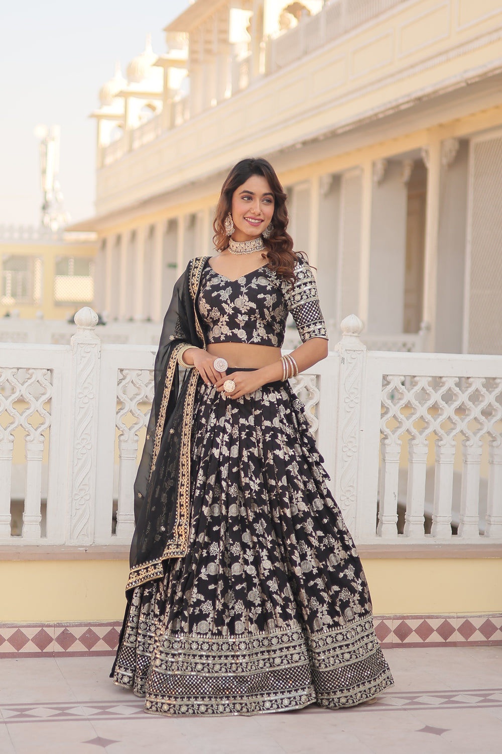 Jacquard embroidered sangeet lehenga choli with sequins and thread work for women
