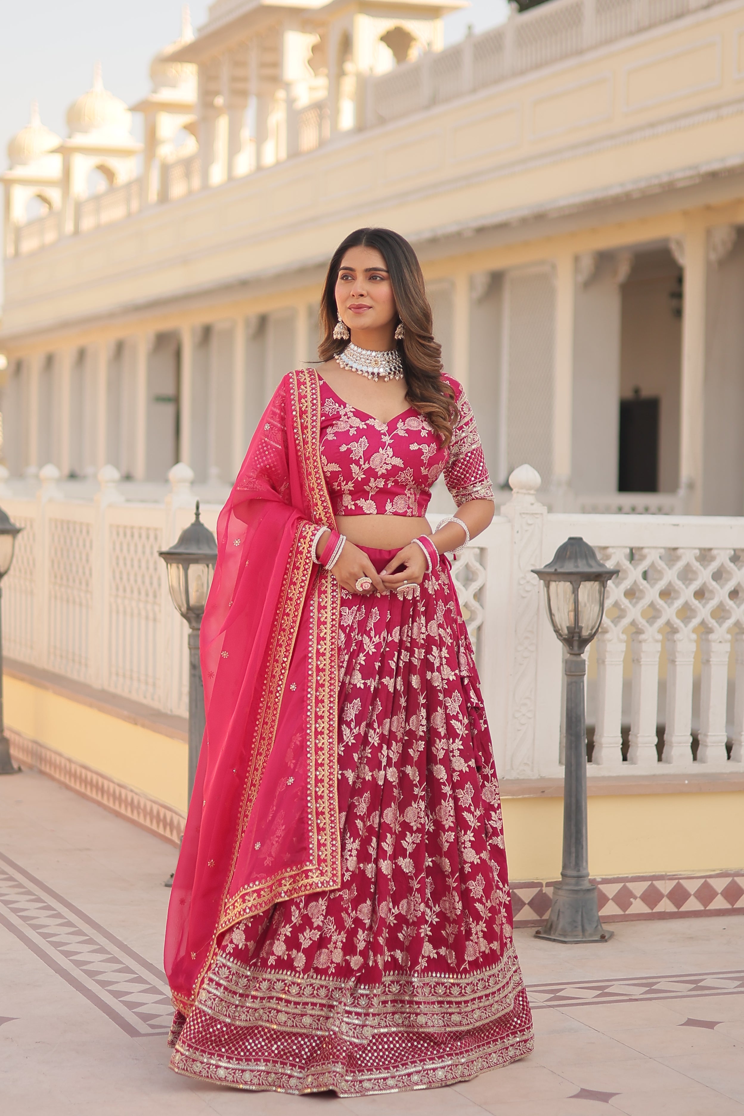 Jacquard embroidered sangeet lehenga choli with sequins and thread work for women