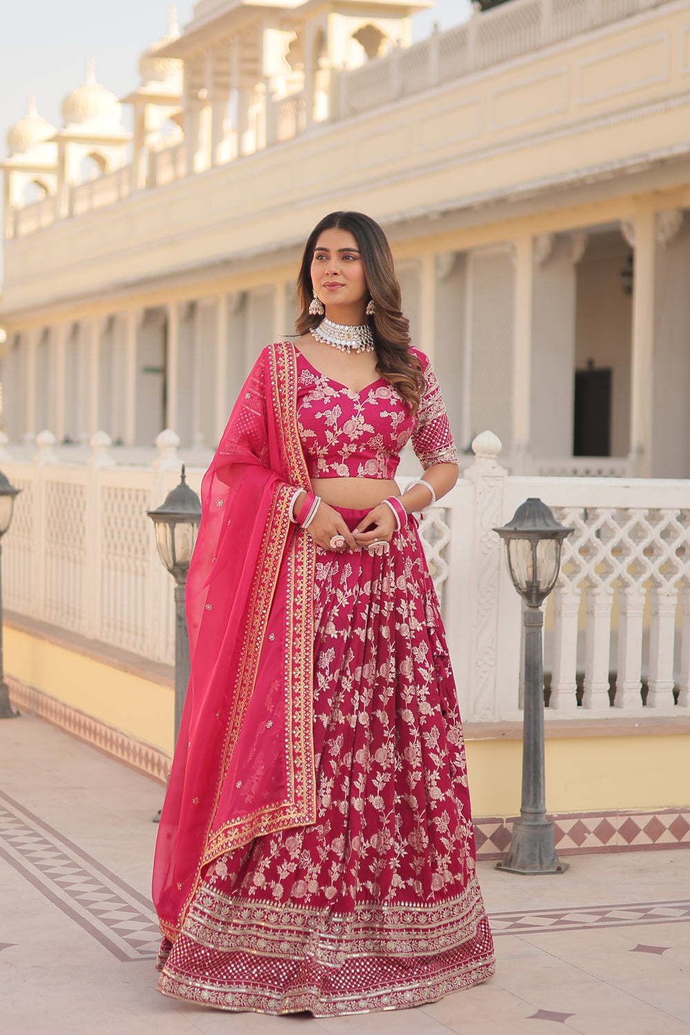 Jacquard embroidered sangeet lehenga choli with sequins and thread work for women