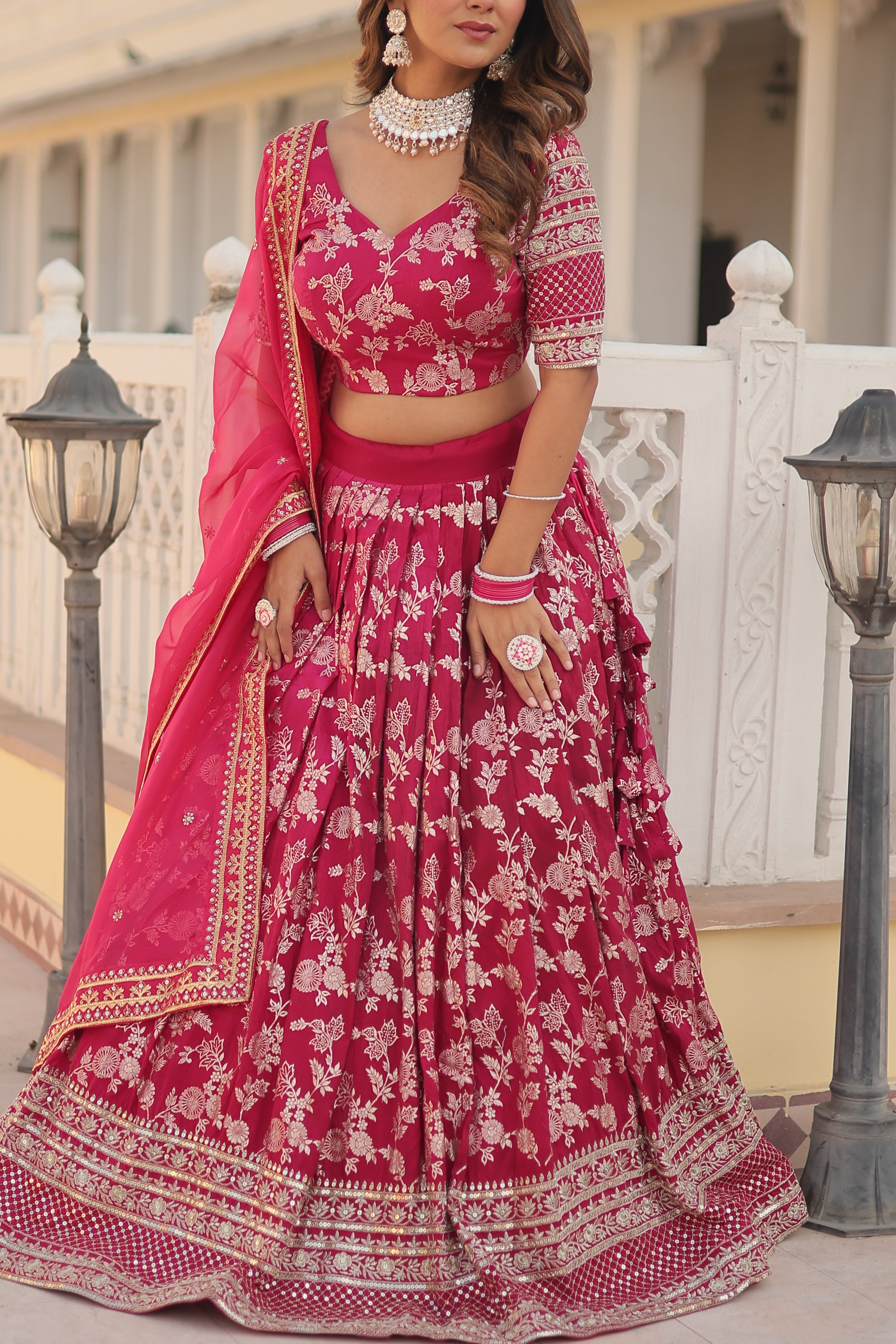 Jacquard embroidered sangeet lehenga choli with sequins and thread work for women